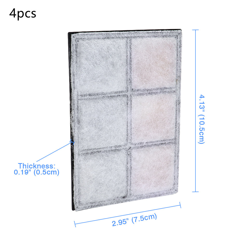 Set of 4 replacement filters for pet water dispensers, measuring 4.13" x 2.95", thickness 0.19".