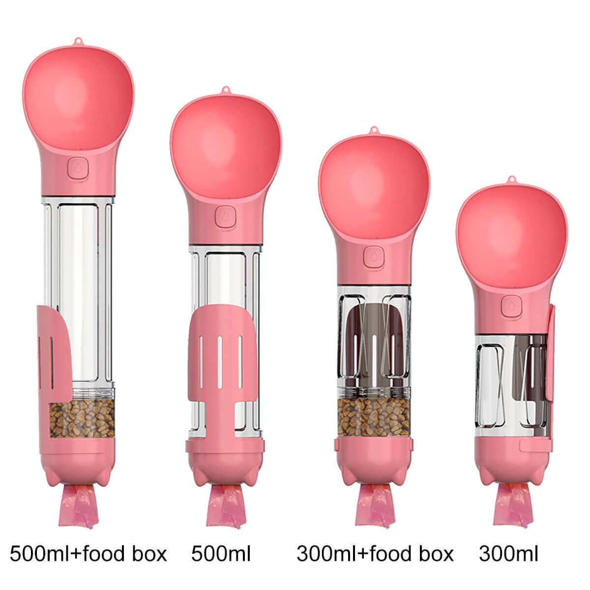 Bouteille d'eau multifonctionnelle rose pour animaux, avec options de capacité de 300ml et 500ml, incluant un compartiment à nourriture.