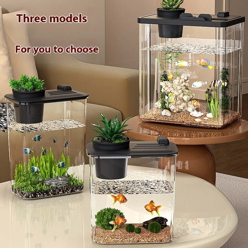 Aquarium de bureau en plastique avec trois modèles, idéal pour petits espaces et habitat des poissons.