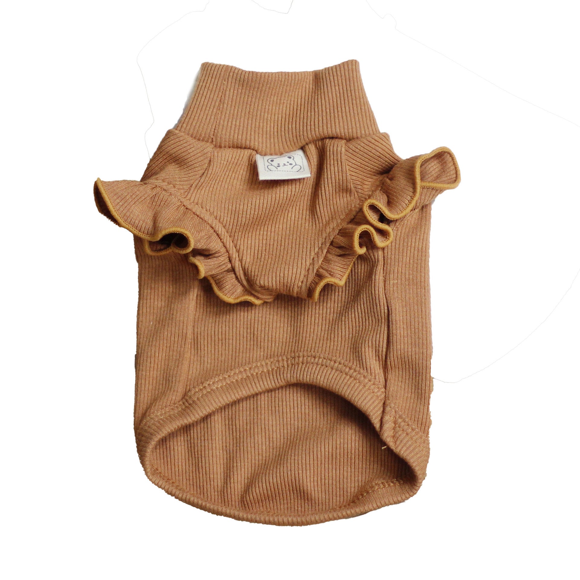 Jupe salopette cartoon en coton doux pour petit chien, couleur brun avec volants, idéale pour le style et le confort.