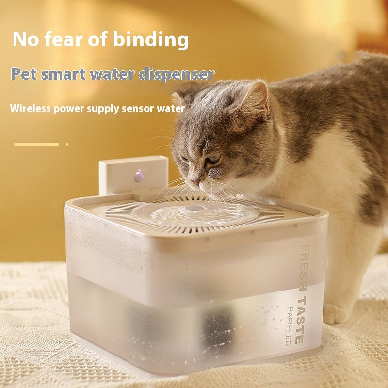 Chat utilisant un distributeur d'eau intelligent sans fil, idéal pour l'hydratation des animaux.
