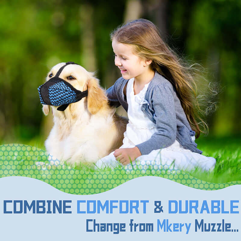 Charming girl with a large dog wearing a breathable muzzle in a park, showcasing comfort and durability.