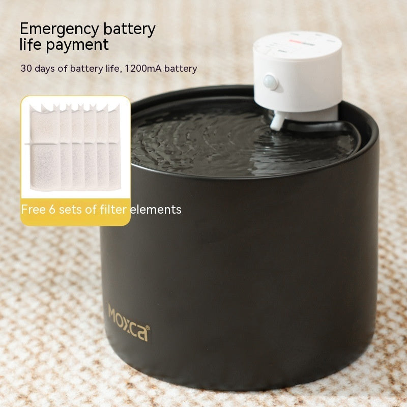 Distributeur d'eau intelligent pour chats avec batterie durable, offrant eau fraîche et six filtres gratuits.
