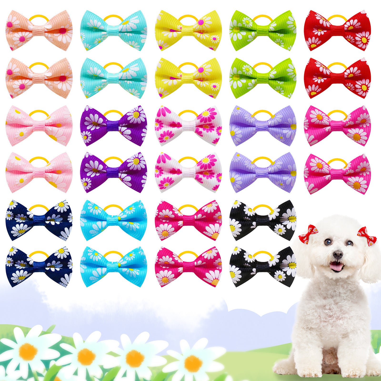 Collection de nœuds colorés pour animaux avec un chien au premier plan, ajoutant du charme au look.