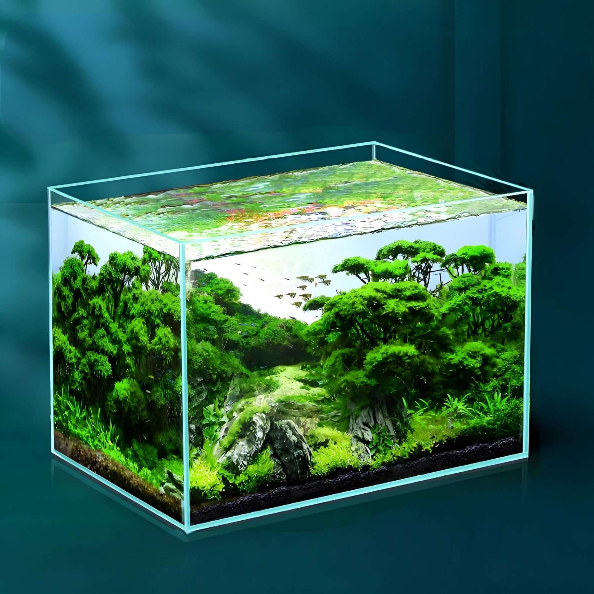 Aquarium en verre super blanc avec jardin aquatique, parfait pour ajouter une touche naturelle à votre bureau.