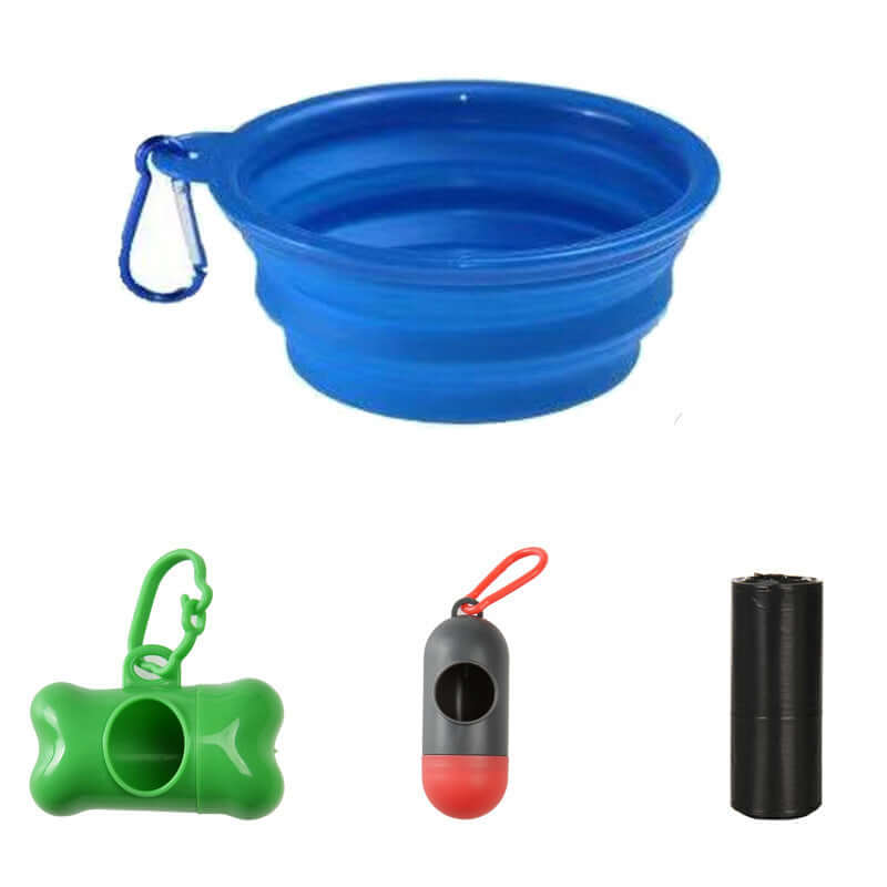 Gourde pliante bleue pour chien avec accessoires d'entraînement et de transport pour animaux.