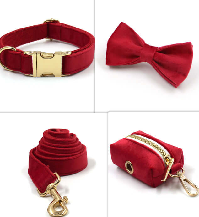 Collier et laisse en velours rouge avec boucle dorée, nœud papillon assorti et sac de rangement.
