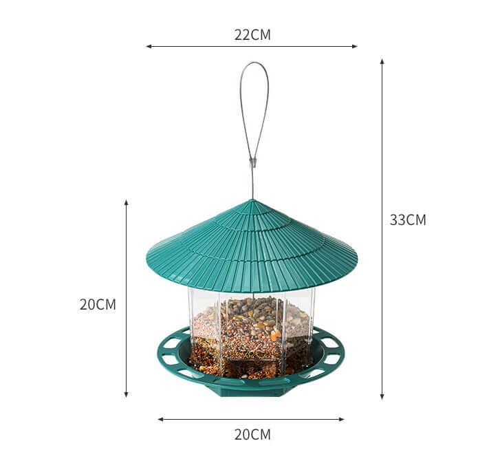 Mangeoire transparente suspendue pour oiseaux de jardin avec dimensions 22CM x 20CM x 33CM.