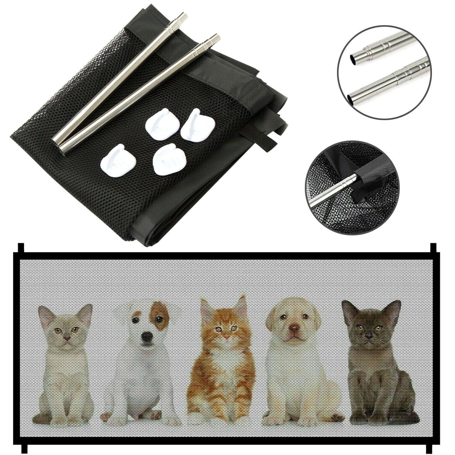 Barrière de sécurité portable pour chiens et chats avec accessoires, incluant des pinces et des supports.
