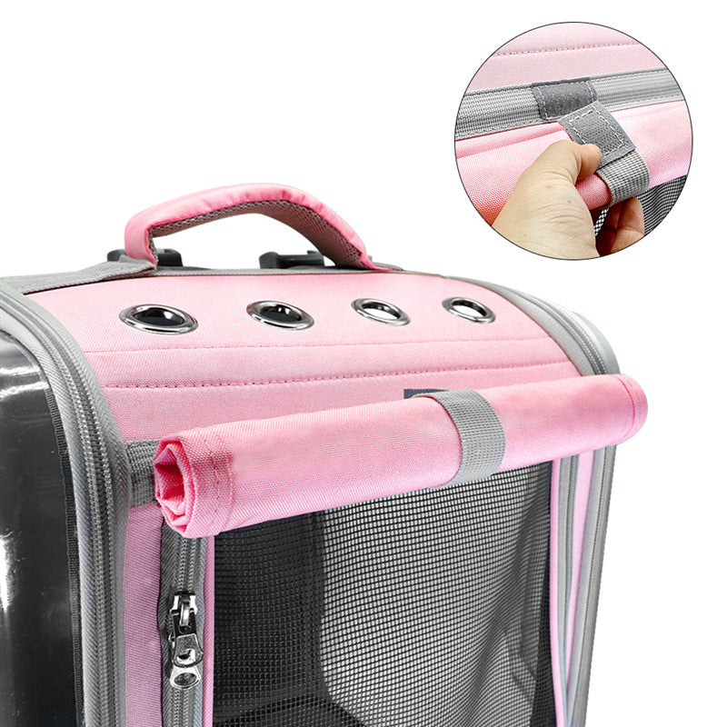 Sac à dos de transport pour chat en rose, montrant la poignée et la fermeture à glissière.