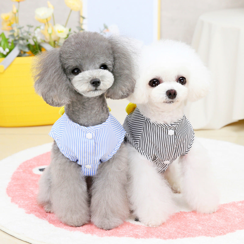 Deux chiens en coton portant des vestes stylées, un gris rayé et un blanc à rayures, sur un tapis doux.