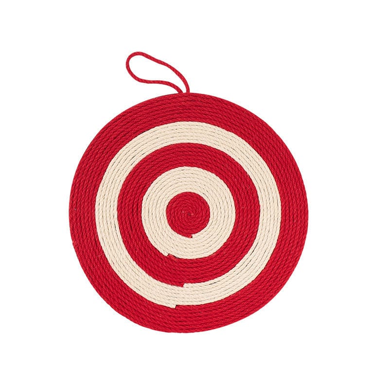 Tapis à gratter en forme de spirale rouge et crème pour chats, idéal pour satisfaire leur instinct de gratter.