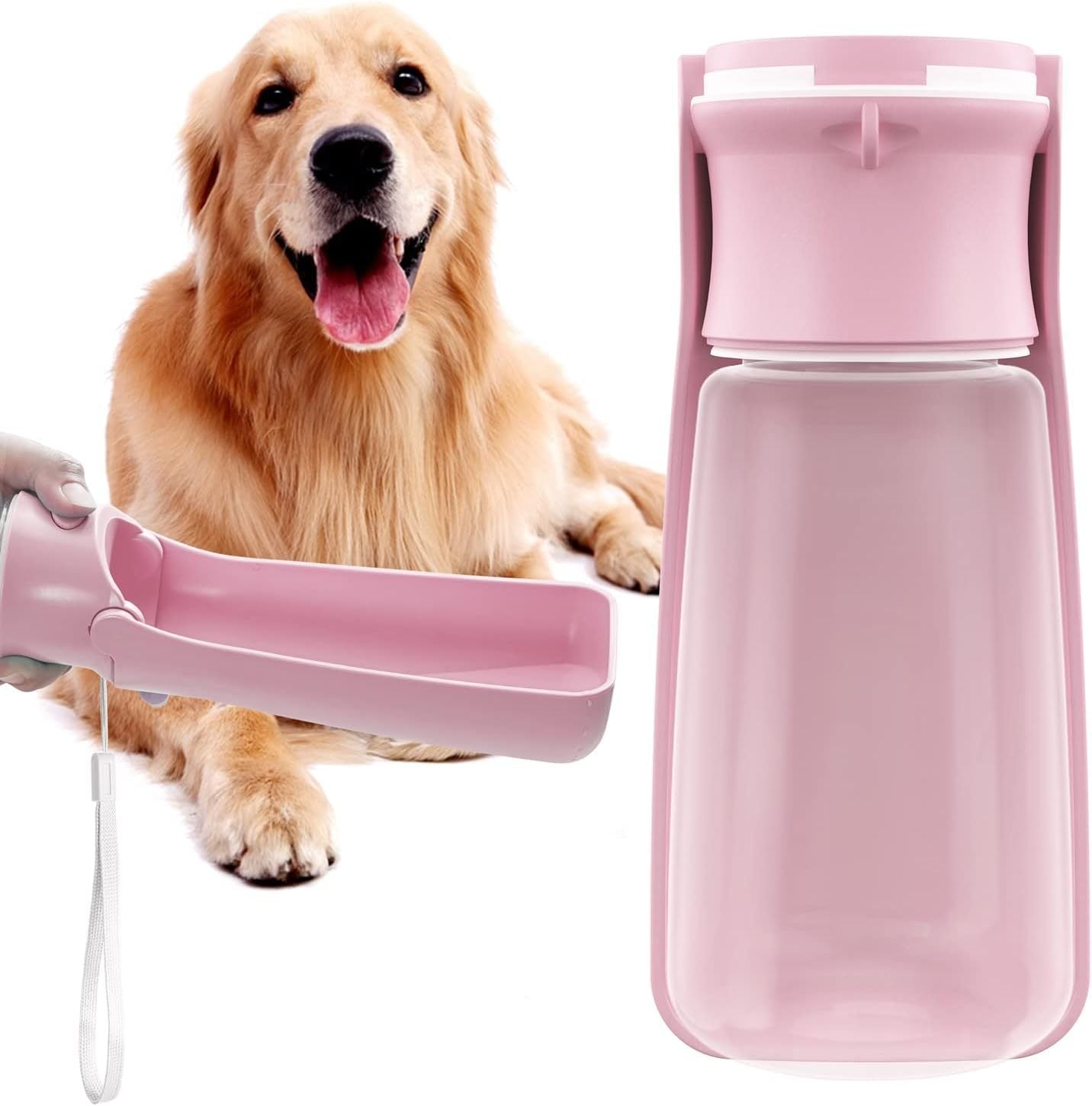 Bouteille d'eau portable rose pour chiens avec bol pour une hydratation facile en promenade.