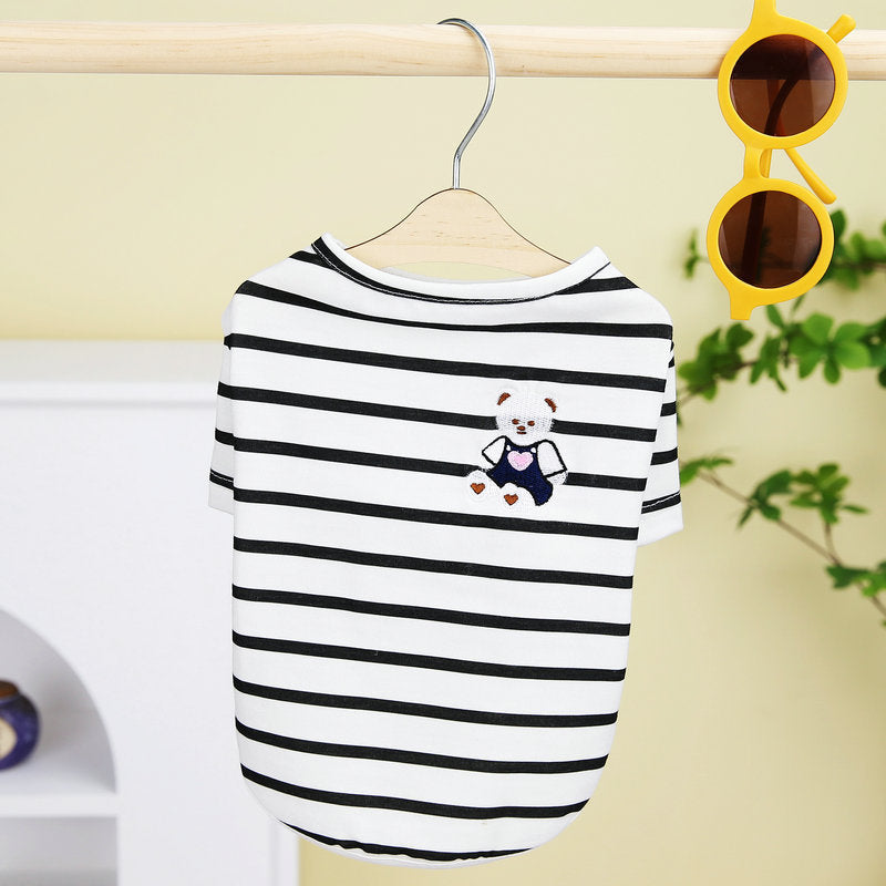 T-shirt Pomeranian Teddy pour chien petit, rayé noir et blanc avec broderie de teddy bear.