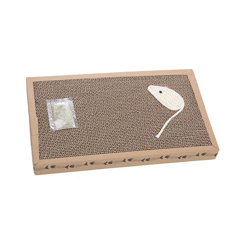 Grattoir en carton pour chats avec jouet souris et herbe à chat, accessoire pour le bien-être de votre félin.