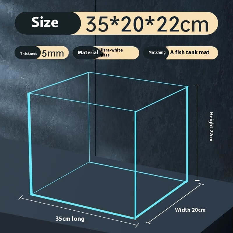 Dimensions of an ultra-white glass aquarium measuring 35x20x22cm with a 5mm thickness.