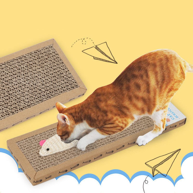Chat grattant une planche à gratter en sisal, accessoire pour chats, avec fond coloré et design amusant.