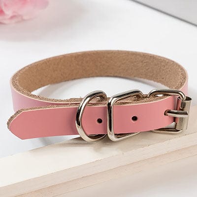 Collier en cuir rose pour chien avec boucle en métal, style durable et moderne, accessoire pour animaux de compagnie.