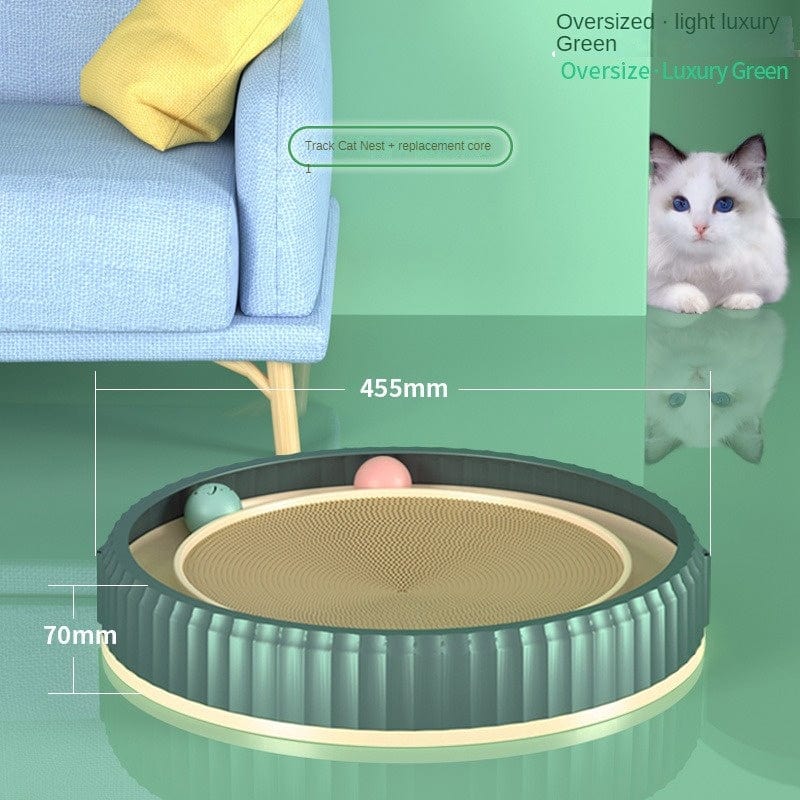 Ronde planche à gratter pour chat en vert, avec balles et coussin, dimension 455mm, 70mm d'épaisseur.