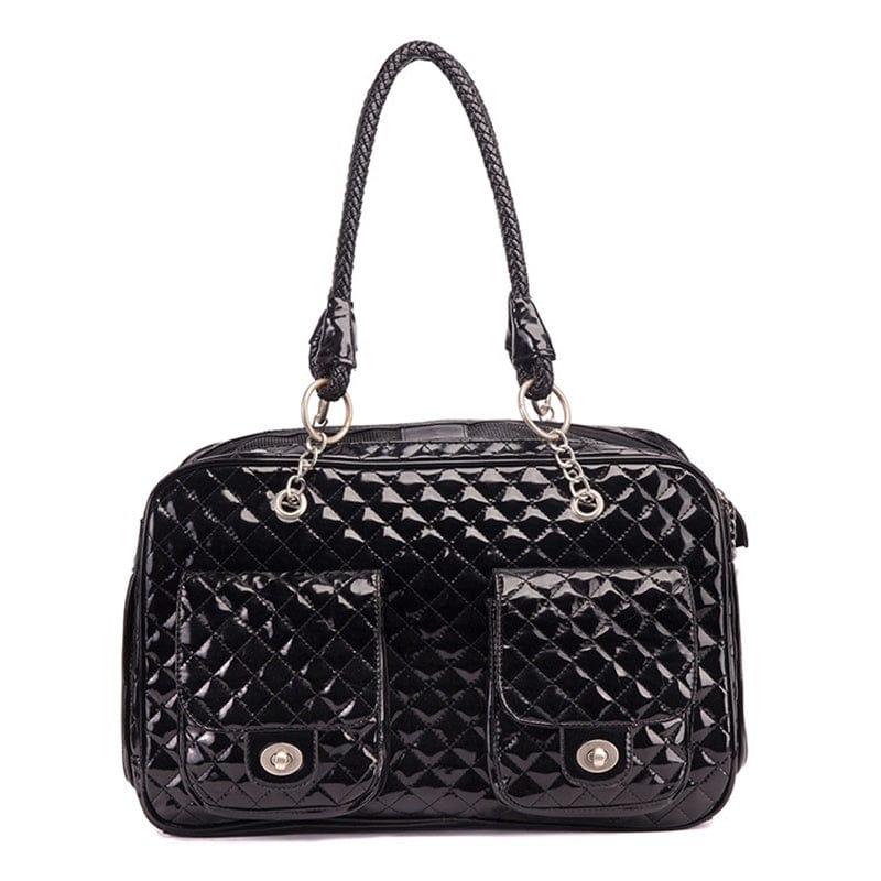 Sac à main noir en PVC avec deux poches et poignées, design élégant et moderne.