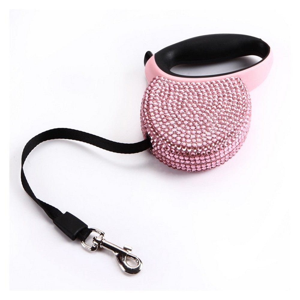 Laisse pour chien ornée de diamants, couleur rose, avec poignée ergonomique et clip en métal.