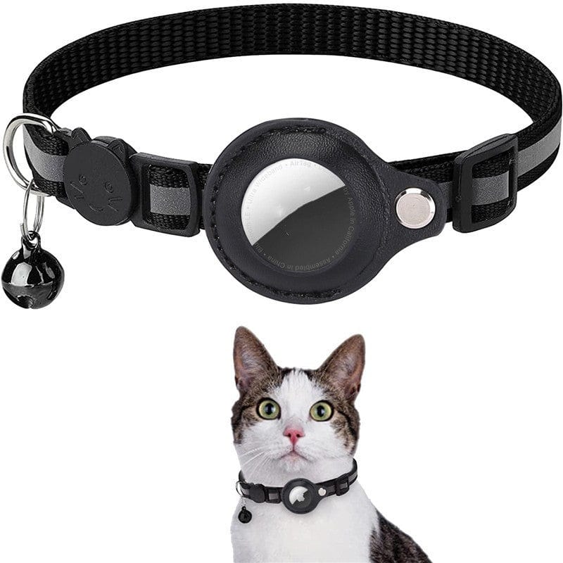 Collier pour chat en polyester avec cloche et étui Airtag, noir, sûr et stylé pour animaux de compagnie.