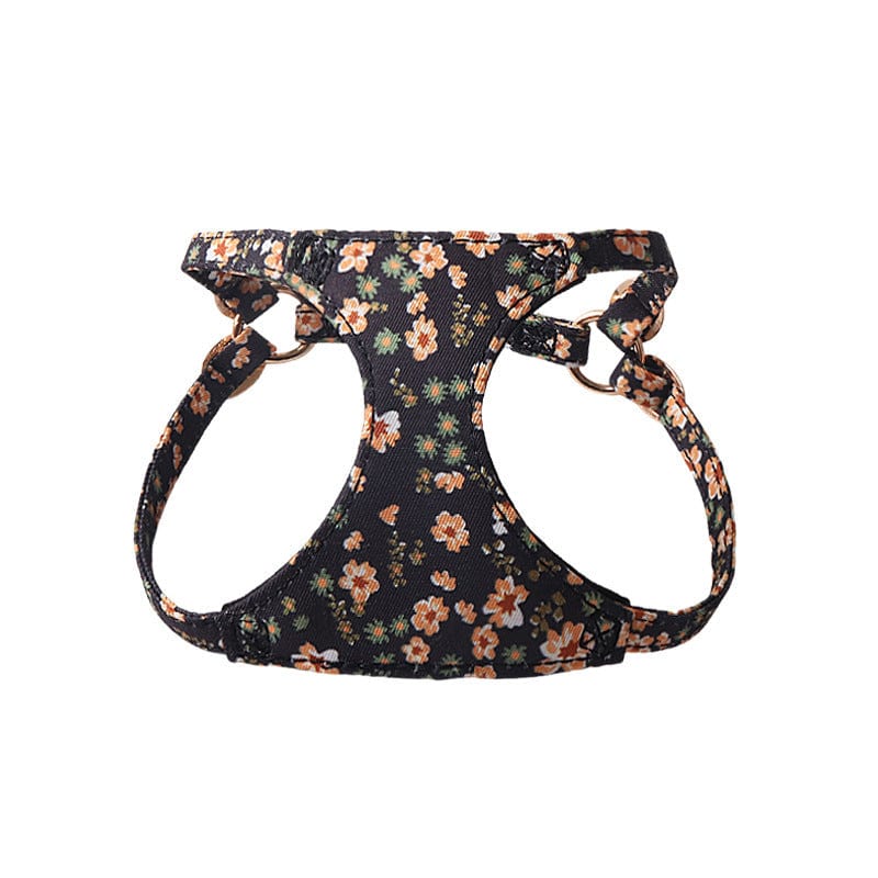 Harnais floral élégant pour animaux, en tissu doux, à motifs floraux sur fond noir, conçu pour le confort.