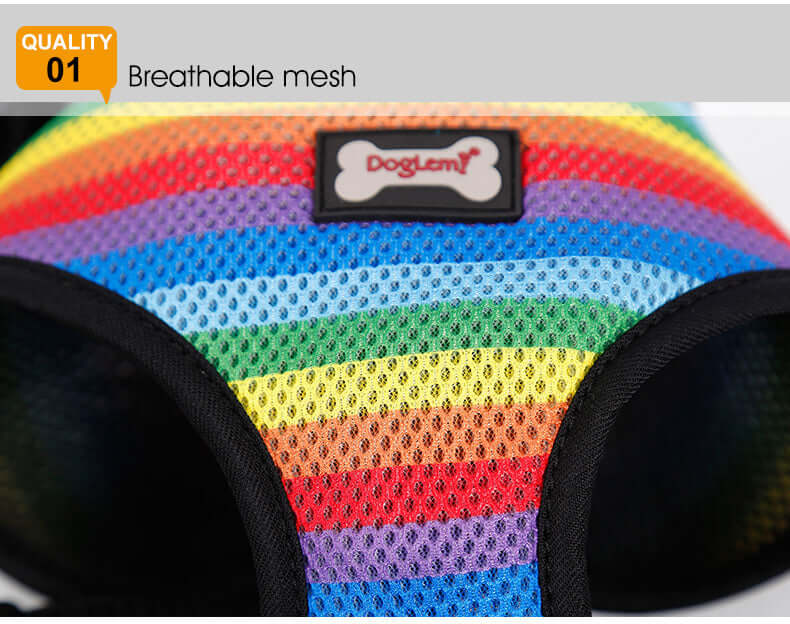 Harnais Arc-en-Ciel en mesh respirant avec rayures colorées pour le confort de votre animal.