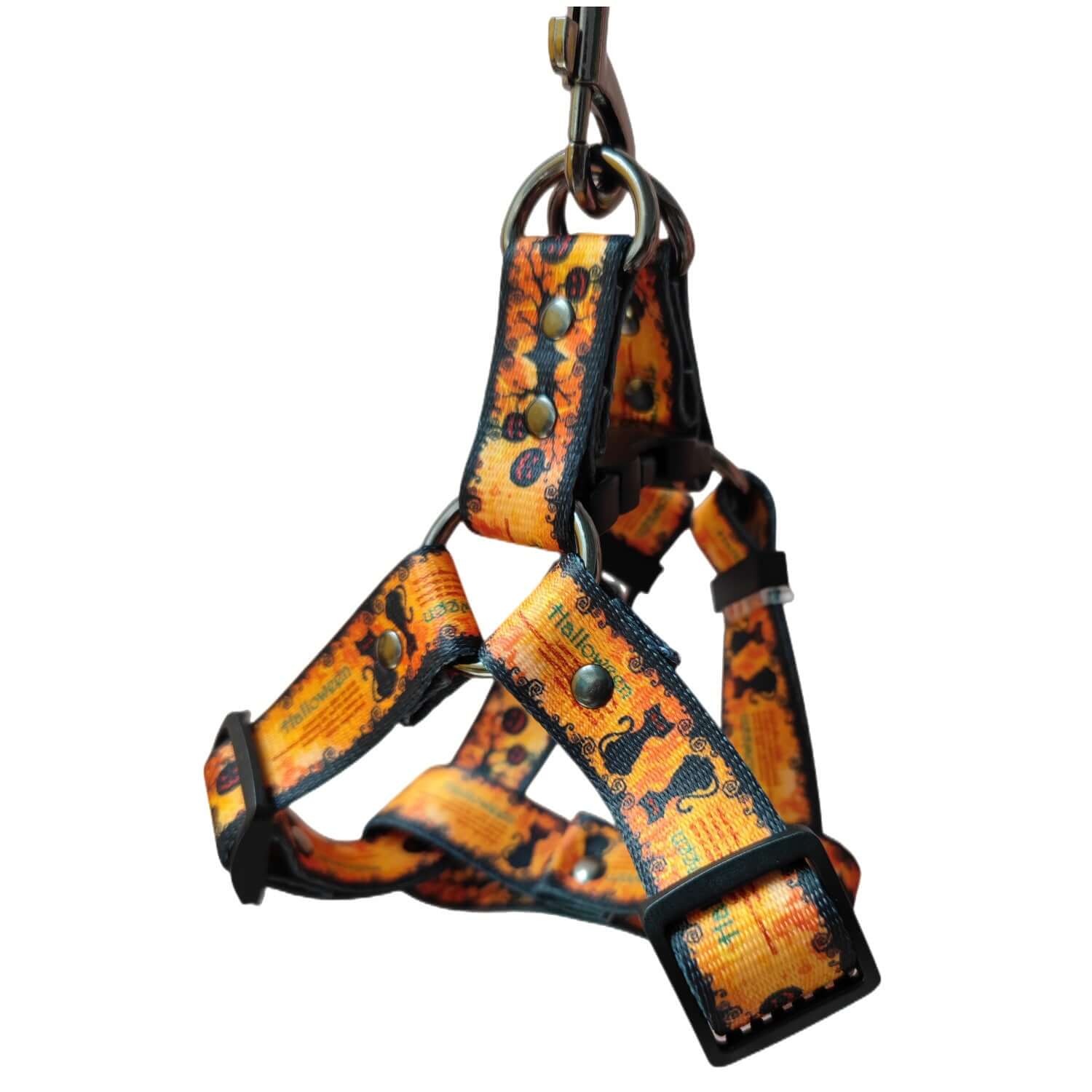 Harnais pour chien à imprimé Halloween avec motifs citrouille et chat noir, en polyester, mode et confort.