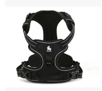 Harnais Truelove pour chien en nylon noir avec rembourrage et éléments réfléchissants pour sécurité.