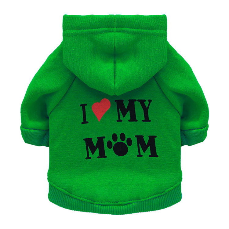 Vêtement pour chien vert avec inscription 'I ❤️ MY MOM', confort et style pour animaux de compagnie.