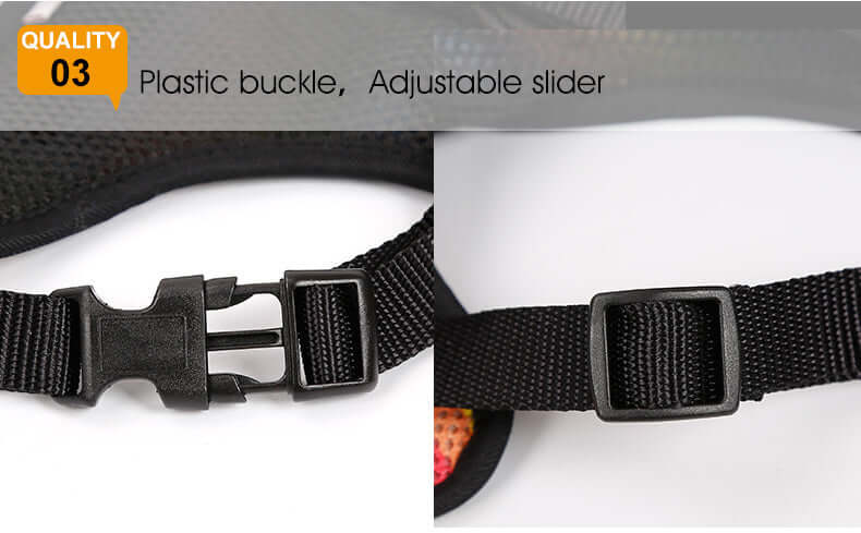 Close-up of plastic buckle and adjustable slider on Harnais Arc-en-Ciel for secure fit and comfort.