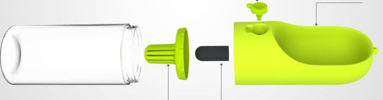 Fontaine à eau portable pour chien de 400ml, vue éclatée montrant les composants en vert.
