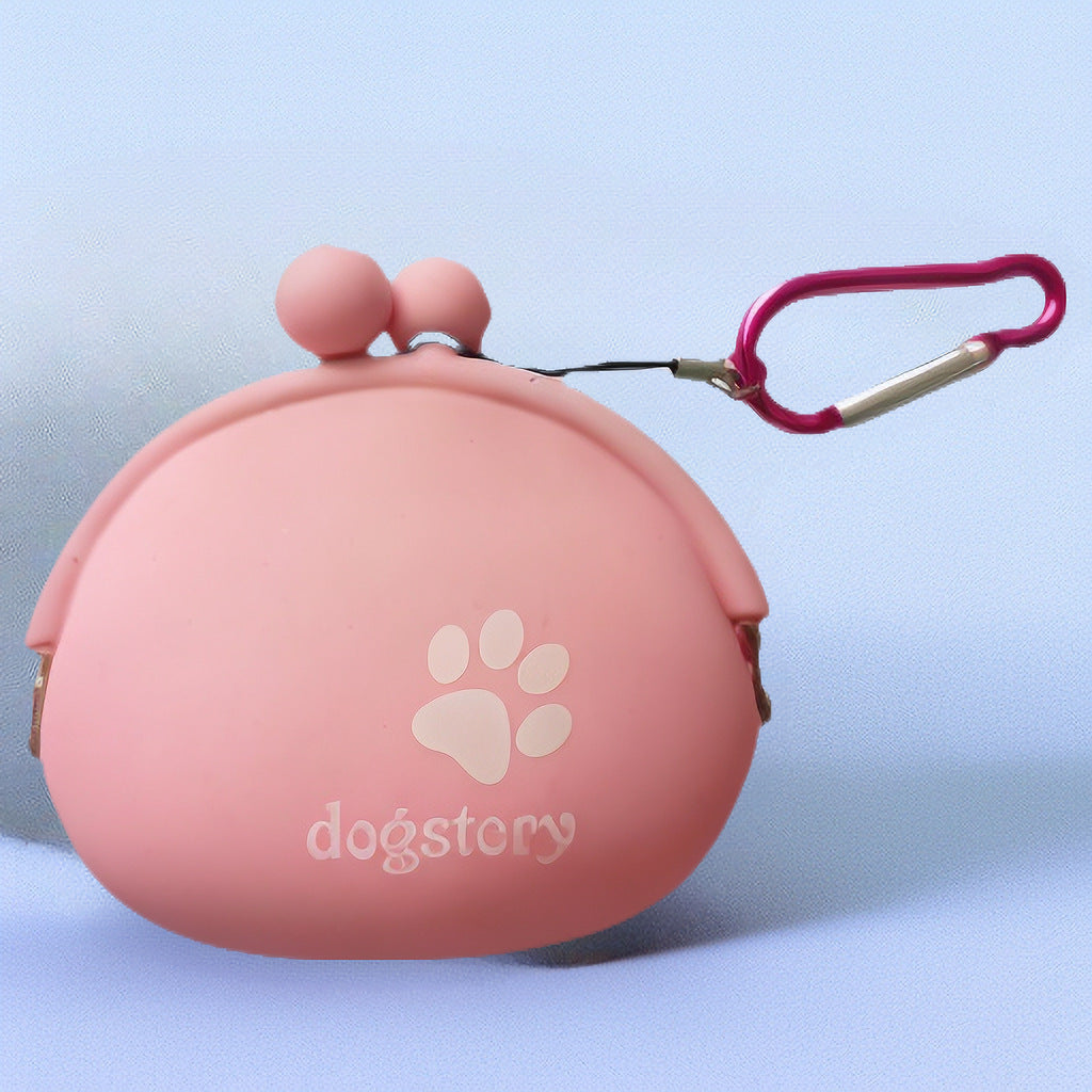 Sac à friandises en silicone rose avec crochet, idéal pour chiens et chats.