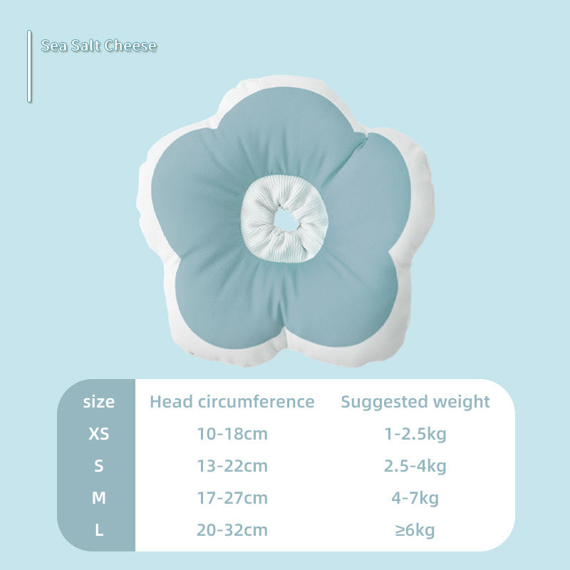 Collier ajustable pour chat en forme de fleur, avec taille et poids recommandés, couleur bleu clair.