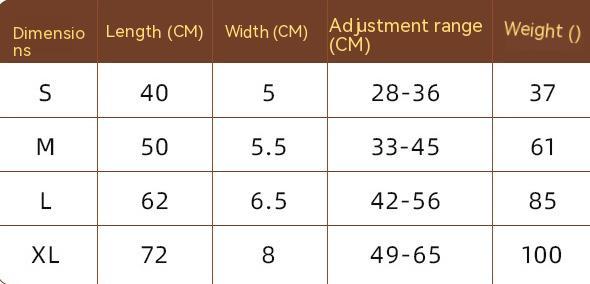 Table showing dimensions for adjustable pet collars including size, length, width, adjustment range, and weight.