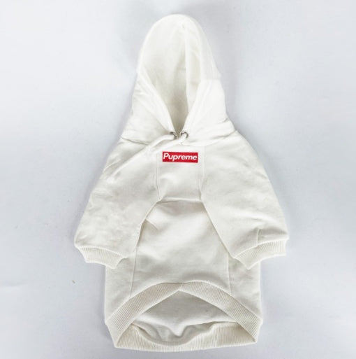 Sweater à capuche en coton pour chien blanc avec logo Pupreme, confortable et décontracté.