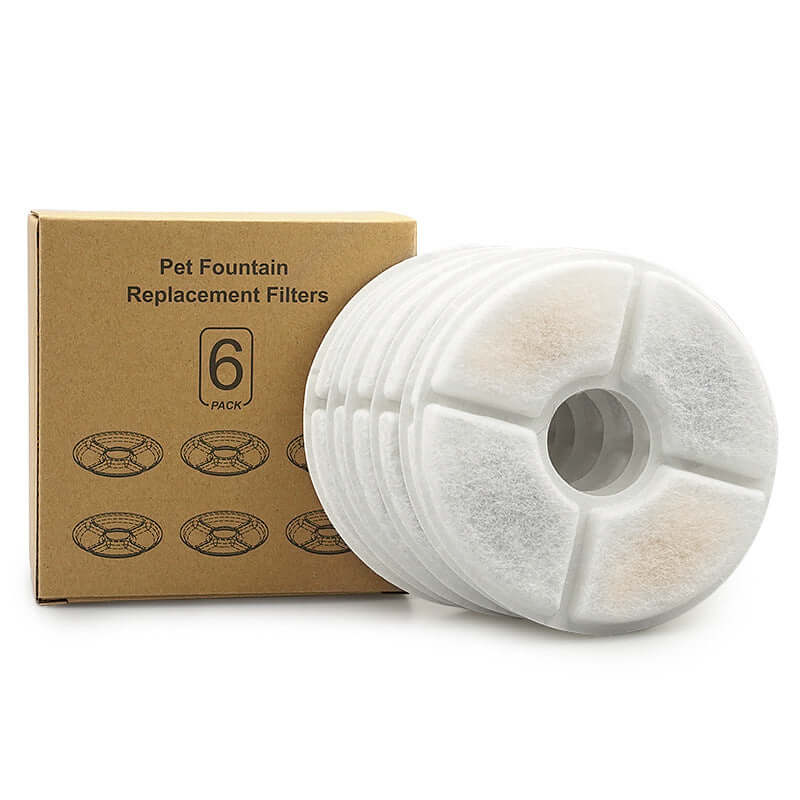 Pack de 6 filtres de remplacement pour fontaine à eau pour animaux de compagnie, assurant une eau propre et fraîche.