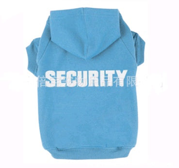 Pull à capuche bleu pour chien avec texte 'SECURITY', parfait pour le confort et le style en hiver.
