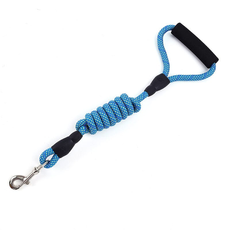 Corde de traction en nylon bleu avec prise ergonomique pour chien, accessoire essentiel pour promenades sécurisées.