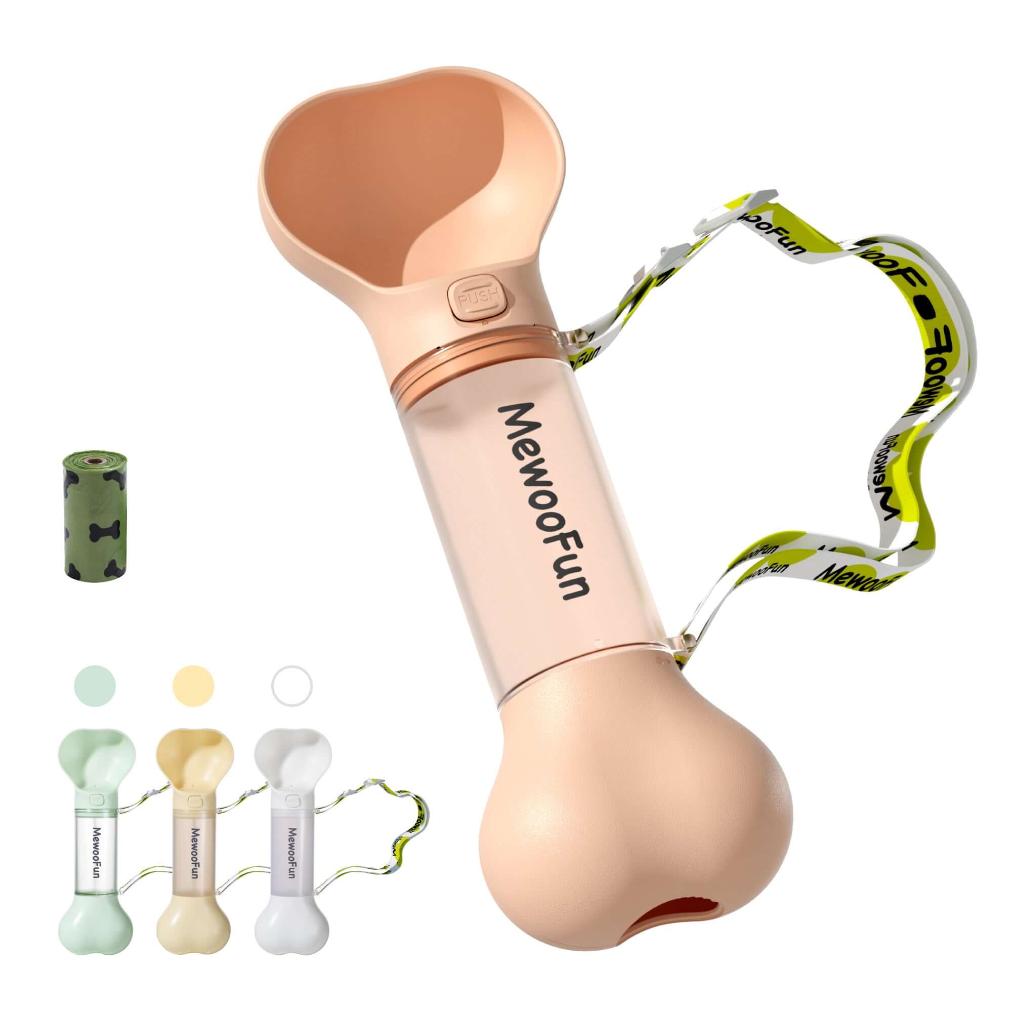 Mewoofun 2 en 1 bouteille d'eau pour chien avec compartiment sac à crottes, design écologique, facile à transporter.