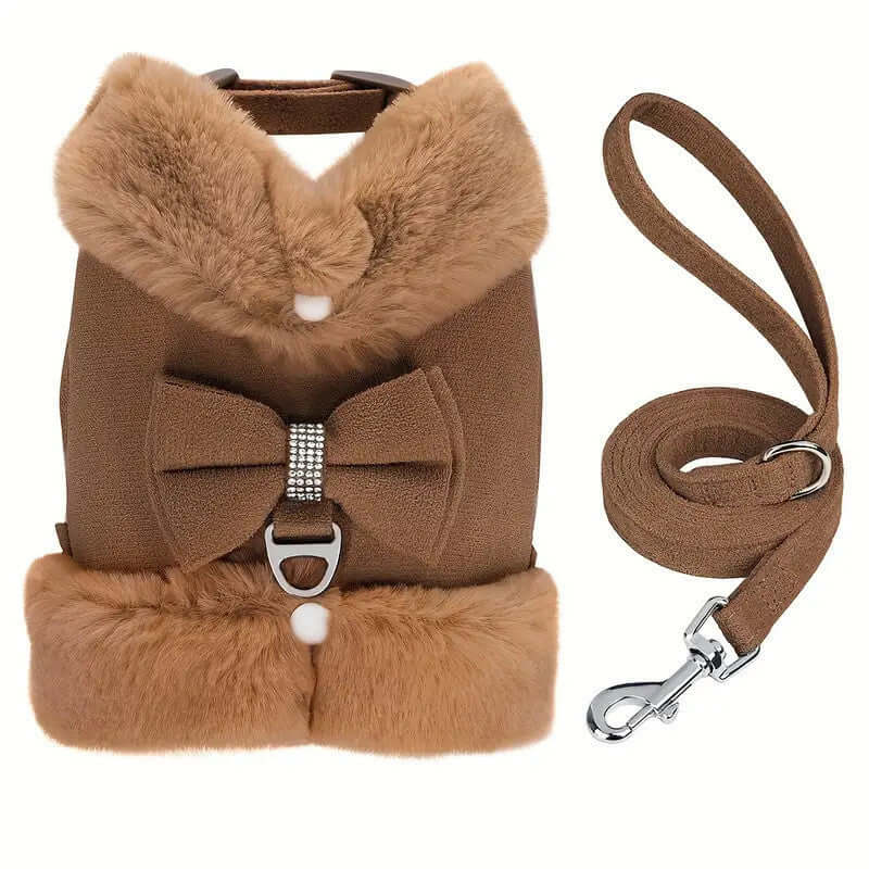 Harnais et laisse pour chien en coton biologique avec nœud papillon, style chic et confortable pour petites races.