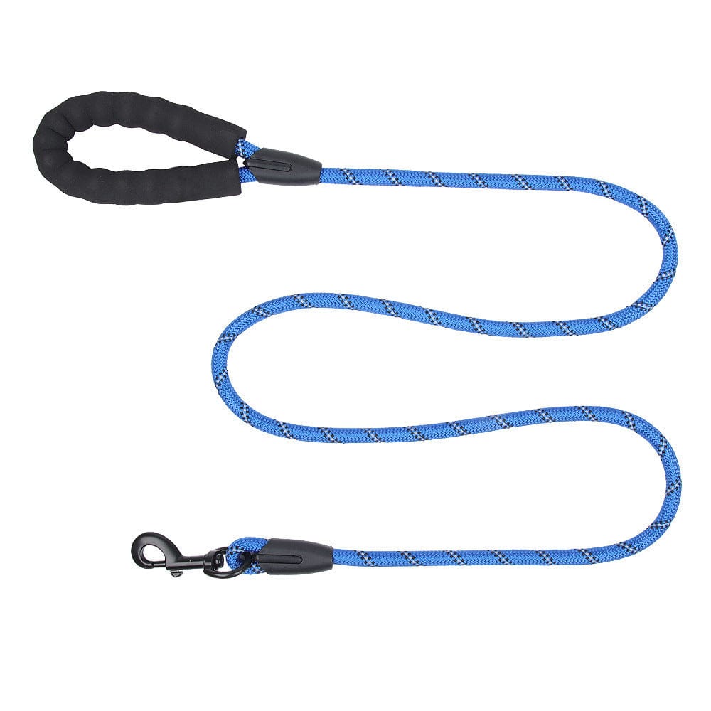 Laisse réfléchissante bleue pour chiens moyens et grands, en nylon durable et légère, idéale pour les promenades.