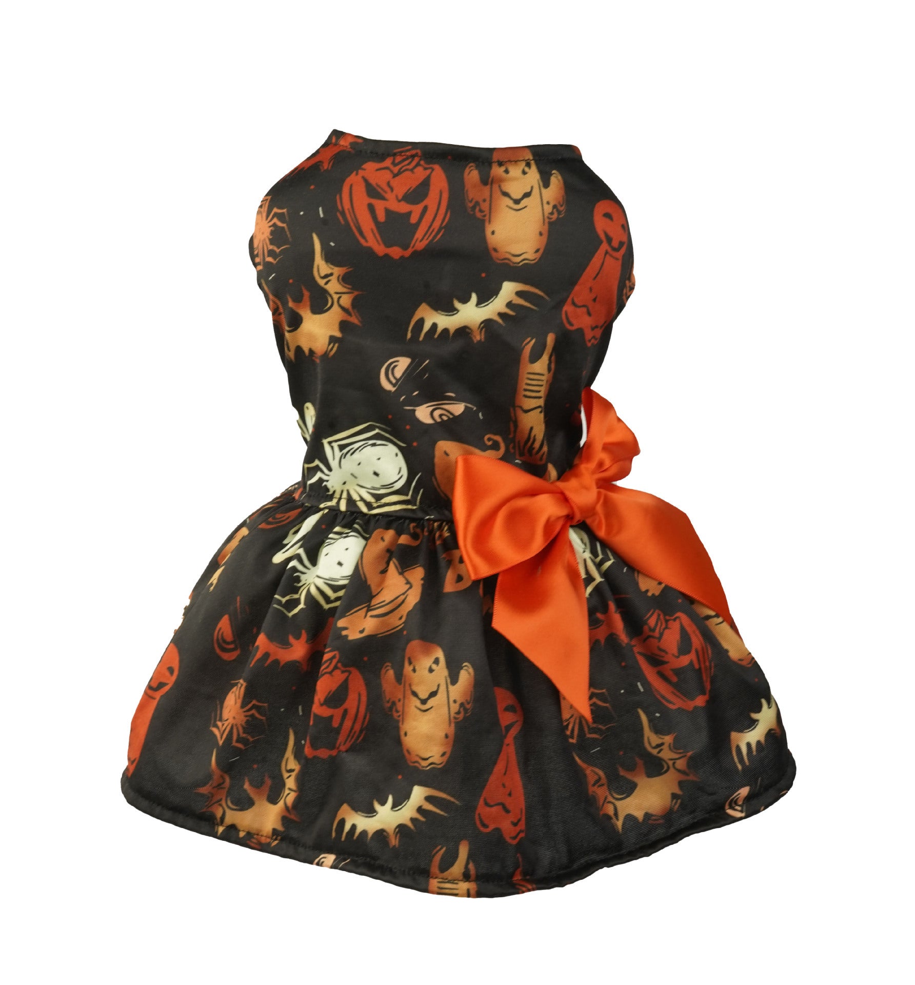 Robe d'Halloween pour petit chien avec imprimé citrouille et nœud orange, parfaite pour les festivités.