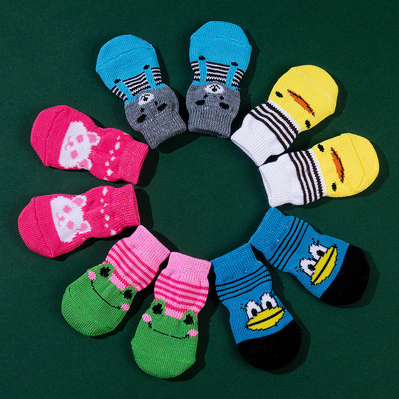 Chaussettes antidérapantes en polyester avec motifs animaux, 4 paires colorées, parfaite pour le confort des animaux.