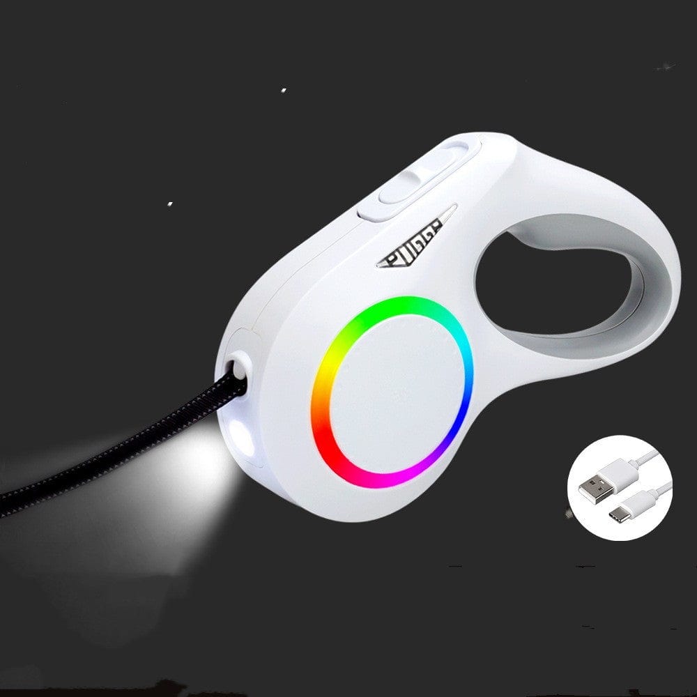 Sangle télescopique automatique pour animaux avec lumières et poignée ergonomique.