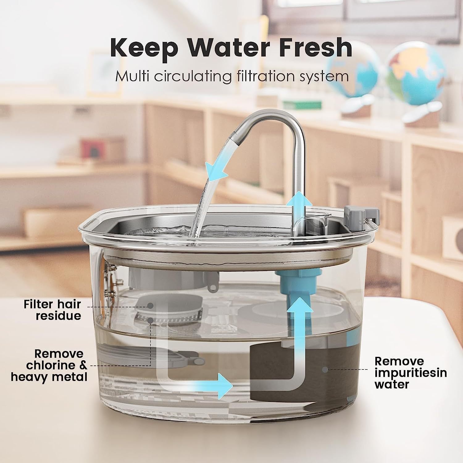 Distributeur d'eau en acier inoxydable avec système de filtration circulant pour animaux, garantissant une eau fraîche.