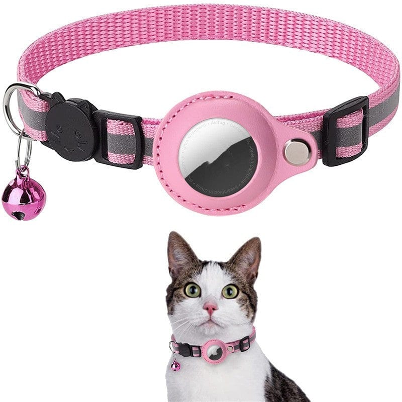 Collier pour animaux en polyester rose avec cloche et Airtag, idéal pour la sécurité de votre chat.