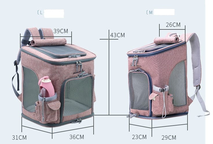 Dimensions of a portable transparent cat backpack with mesh windows, featuring side pockets for accessories.