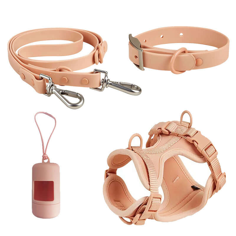 Ensemble de harnais, laisse et collier pour chien en PVC rose, accessoires pour animaux confortables et sûrs.